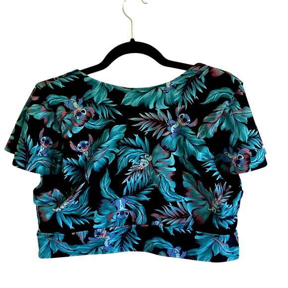 Disney Vneck Knot Cutout Stitch Hawaiian Tropical Palm Crop Top Swim Shirt 2 - Picture 6 of 8